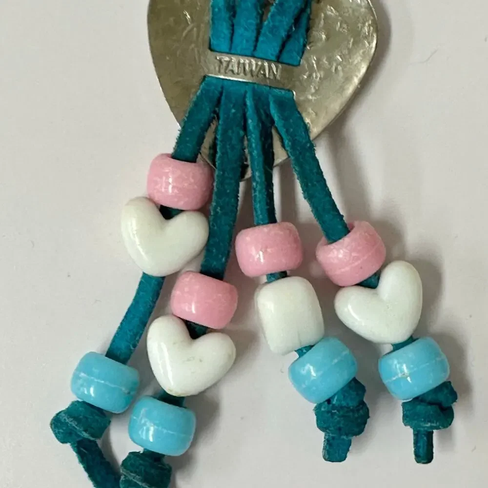Vintage 90s handmade suede leather‎ and bead macrame Keychain heart concho boho